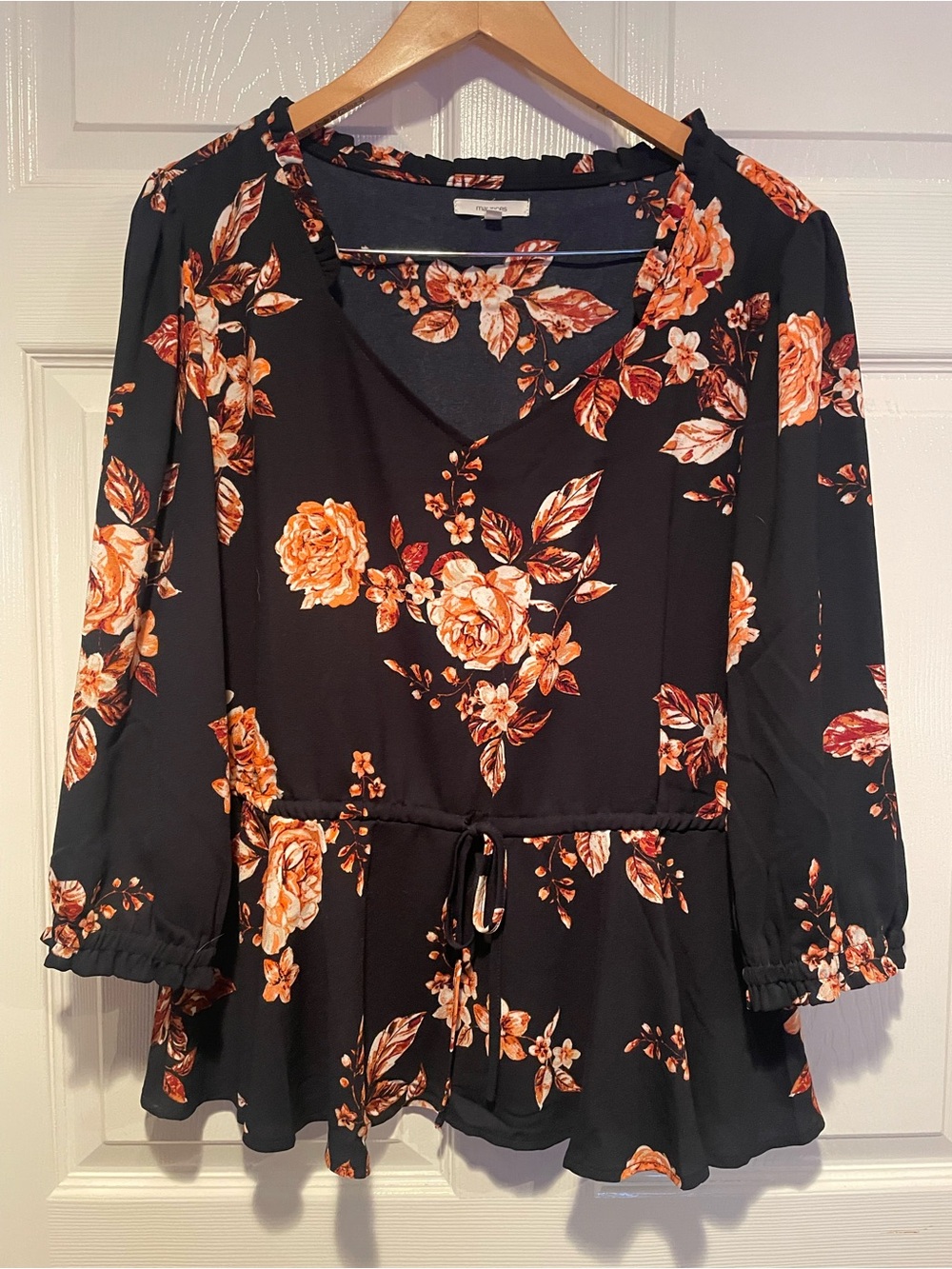 Maurices Black Tunic Blouse with Orange Floral Motif